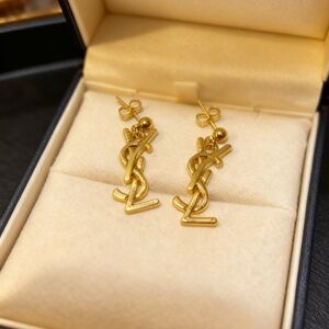 Yves Saint Laurent YSL Logo Gold Tone Drop Dangle Charm Earrings